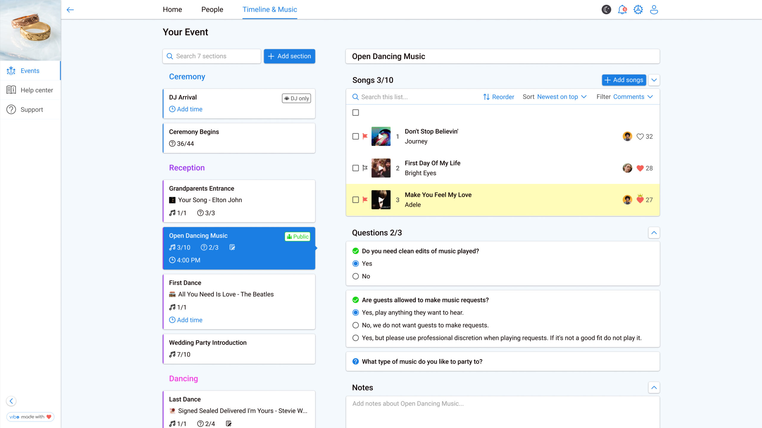 Vibo app event timeline view