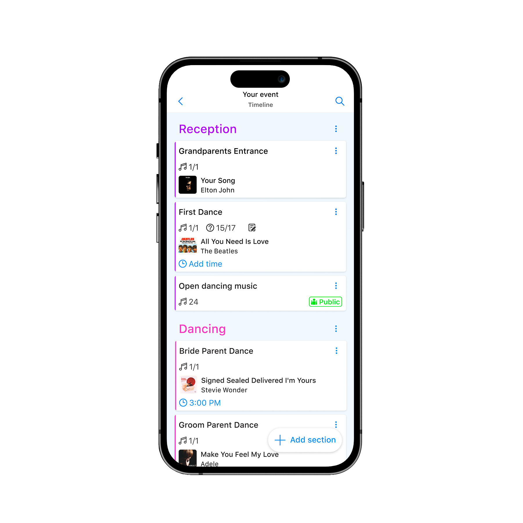 Vibo app playlist and timeline builder on iPhone